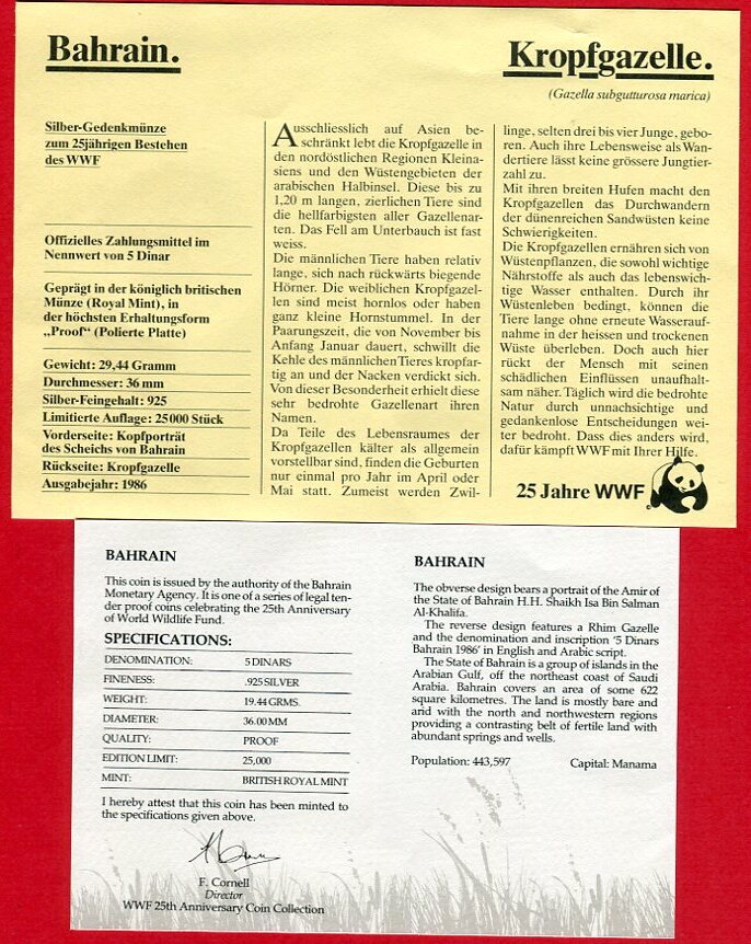 Bahrain 5 Dinar Silbermünze 25 Jahre WWF 1986 Kropfgazelle Rhim