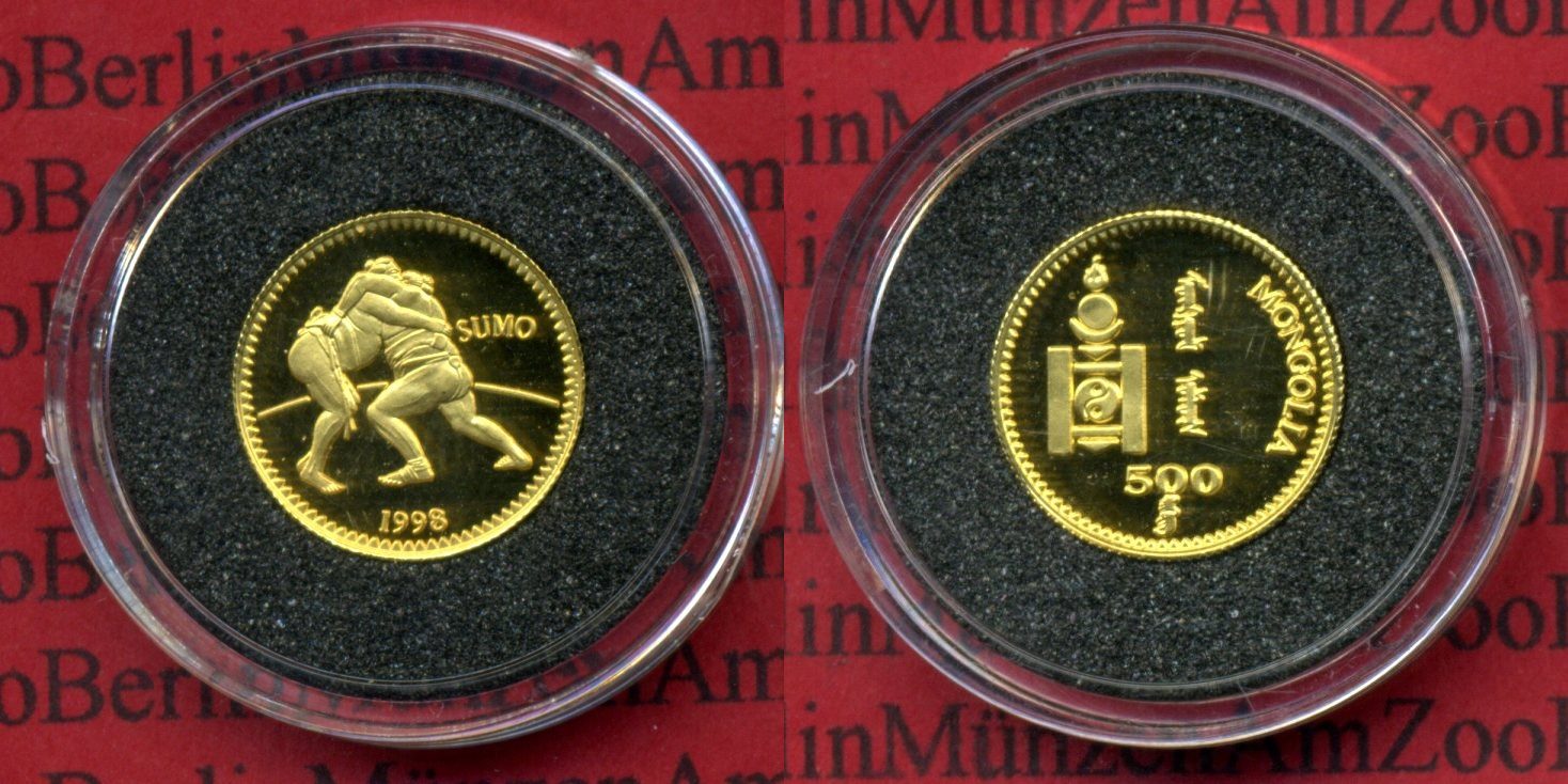 Mongolei, Mongolia 500 Togrog Goldmünze 1/25 Unze 1998 Sumo Ringer Polierte  Platte | MA-Shops