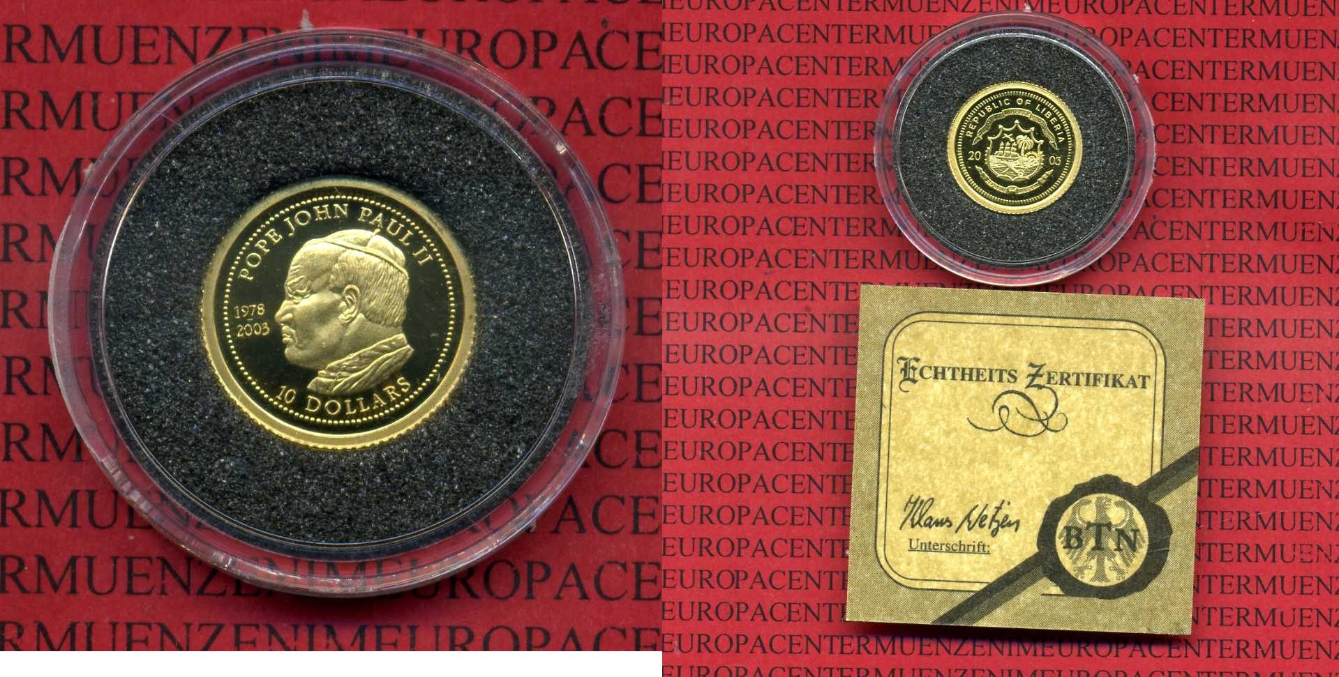 10 Dollars Goldmünze, 125 Unze Liberia 10 Dollars Goldmünze 2003, Papst  Johannes Paul II. 125 Unze Proof with German COA | MA-Shops