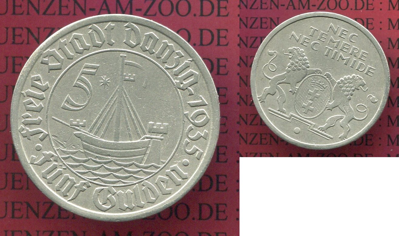 Danzig, Freie Stadt 5 Gulden 1935 Nickel Kogge VF ,toned