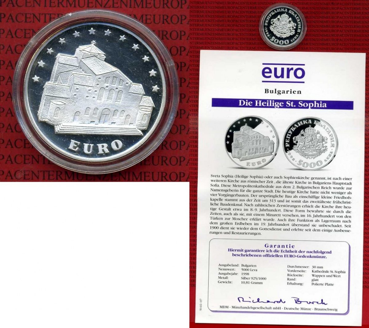 Bulgarien, Bulgaria 5000 Leva Silbermünze Bulgarien 5000 Leva 1998 Heilige  Sophia bzw. Sophienkirche Proof (hairlines) with capsule & coa