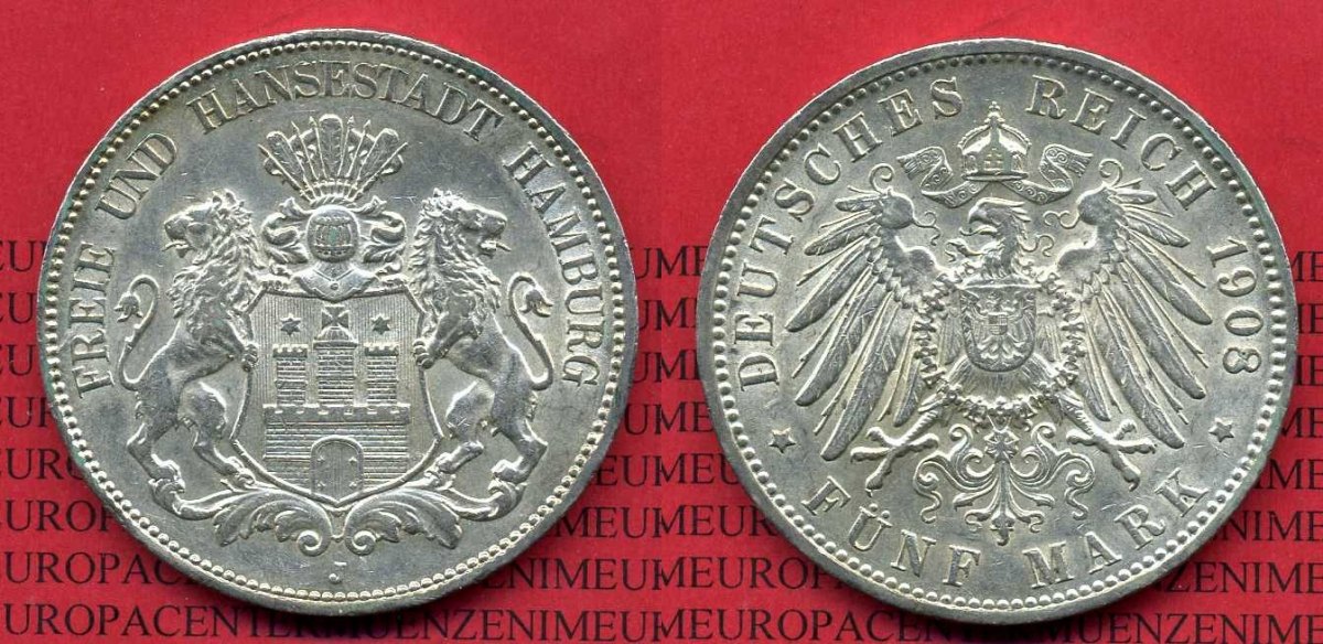 5 Mark Silbermunze Hamburg 5 Mark 1908 J Silber Stadtwappen J 65 Usa Unc Ma Shops