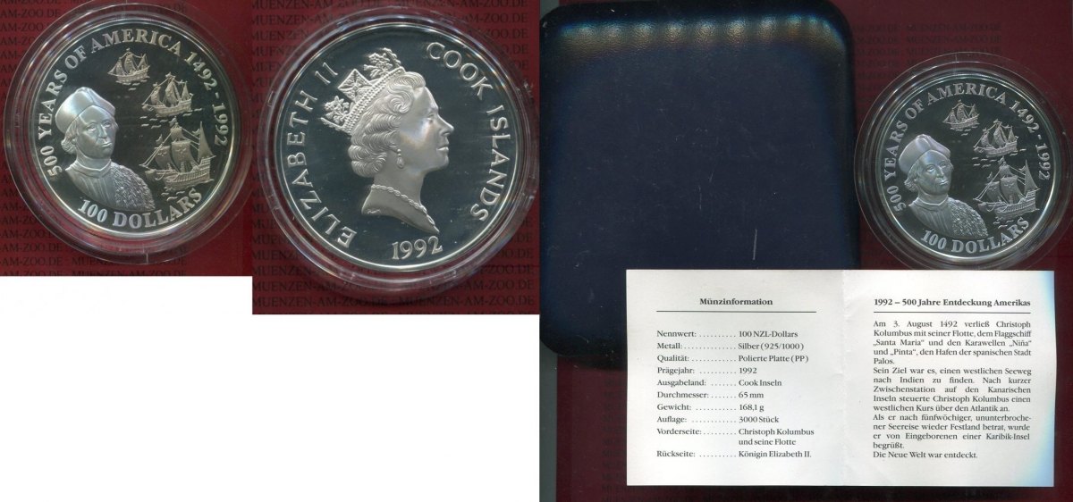 100 Dollars 5 Unzen Silber Cook Islands 100 Dollars 1992 500 Jahre ...