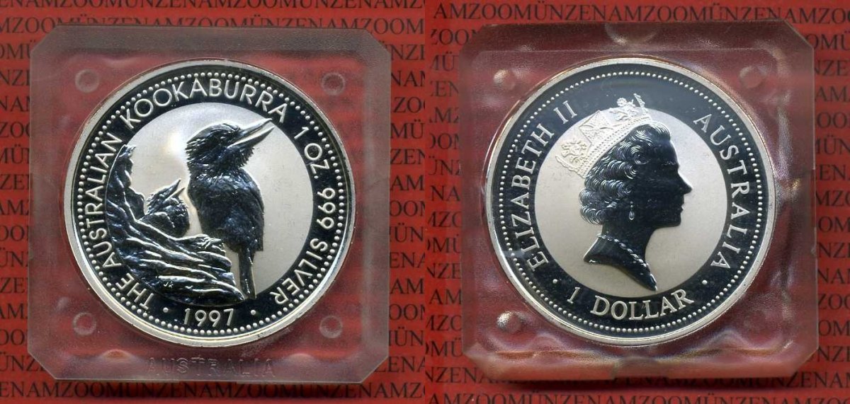 Australien Australia 1 Dollar Silbermünze Australien 1 Unze Silber 1997 Kookaburra BU with