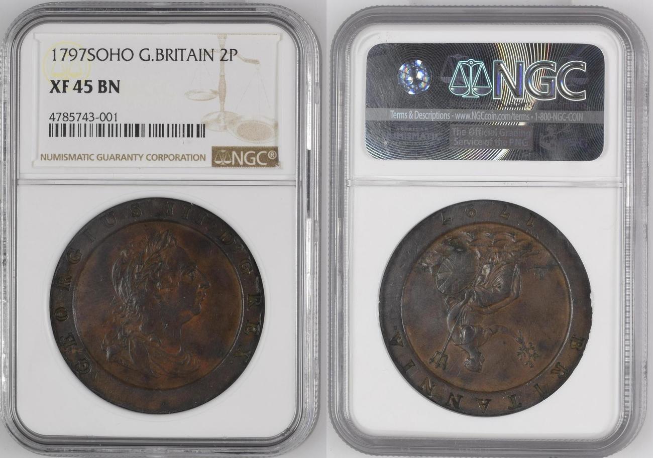 イギリス　2ペニー銅貨 1797年 NGC AU ☆1797 SOHO イギリス 2ペンス銅貨 ジョージ3世車輪銭 NGC AU