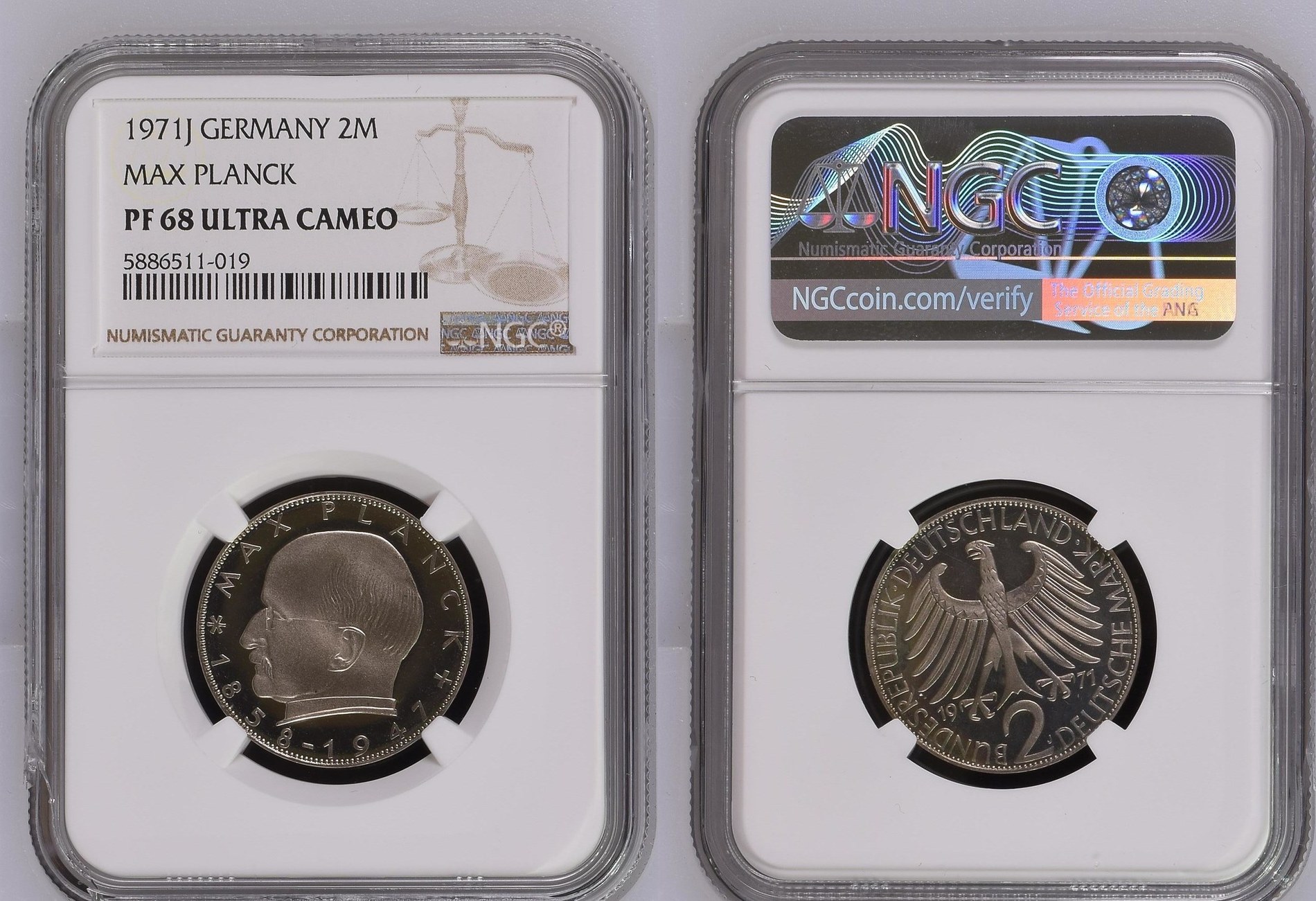 Bundesrepublik Deutschland 2 Deutsche Mark 1971 J Max Planck NGC PF 68 