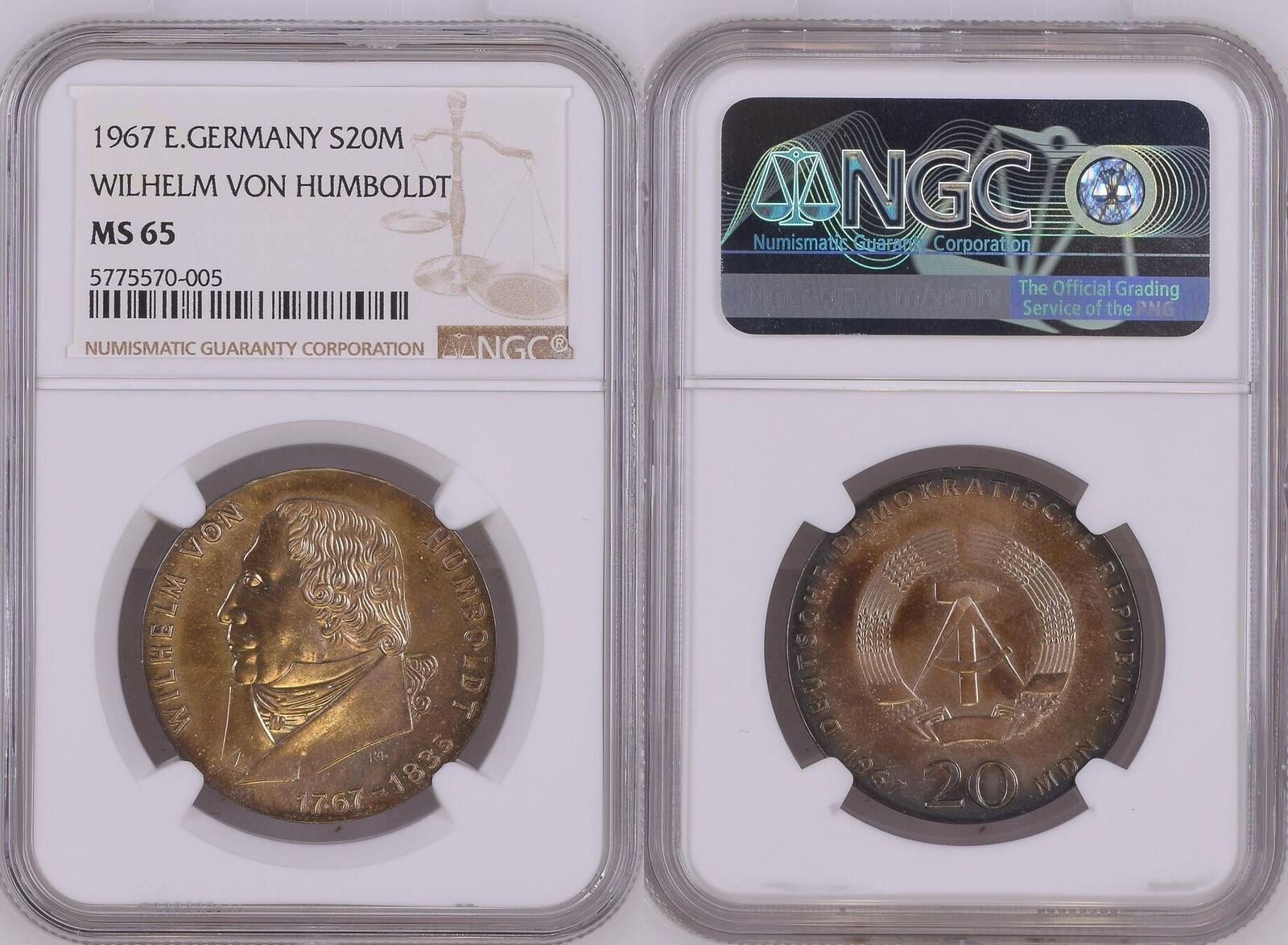 Eastern Germany DDR GDR 20 Mark Silber 1967 200. Geburtstag Wilhelm von  Humboldt NGC MS 65 amazing toning | MA-Shops