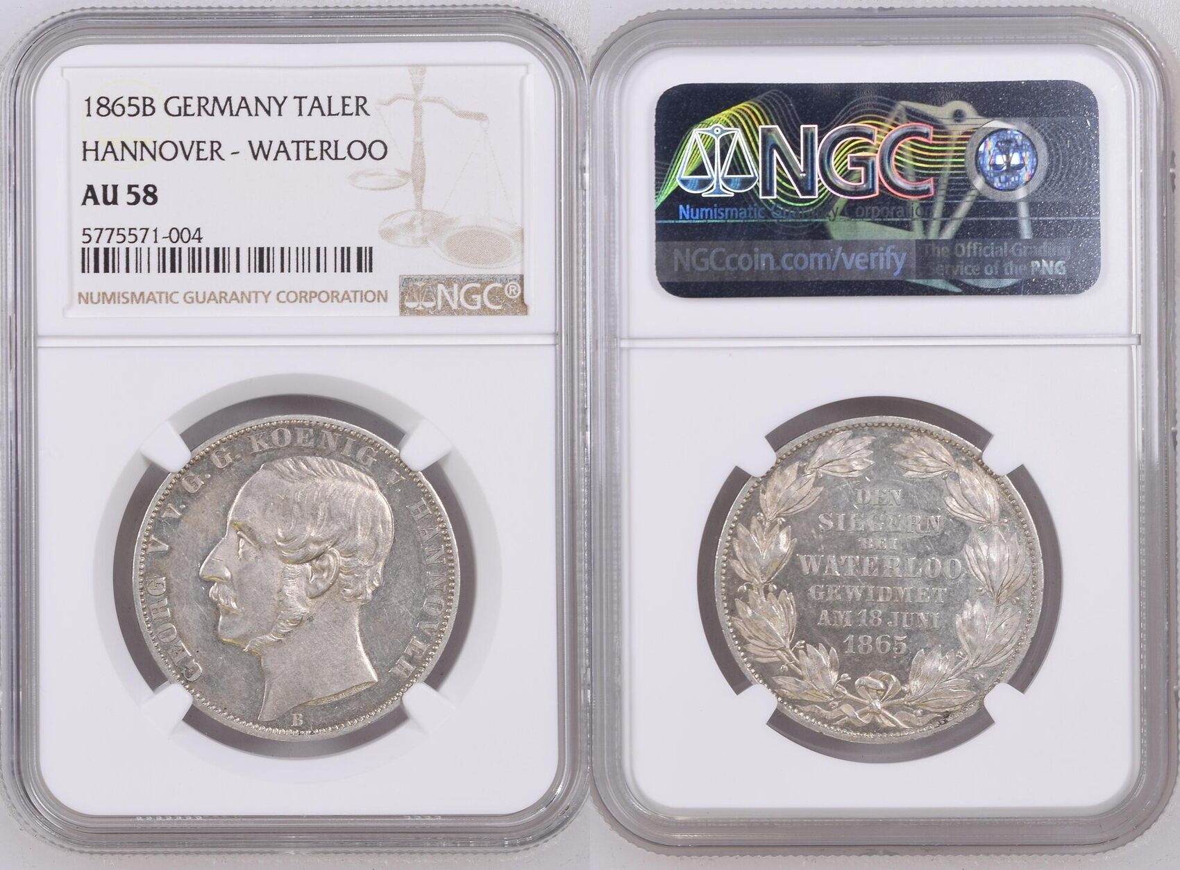 GERMANY Hannover TALER 1865 B Waterloo Georg V. 50 Jahrfeier NGC AU 58 ...