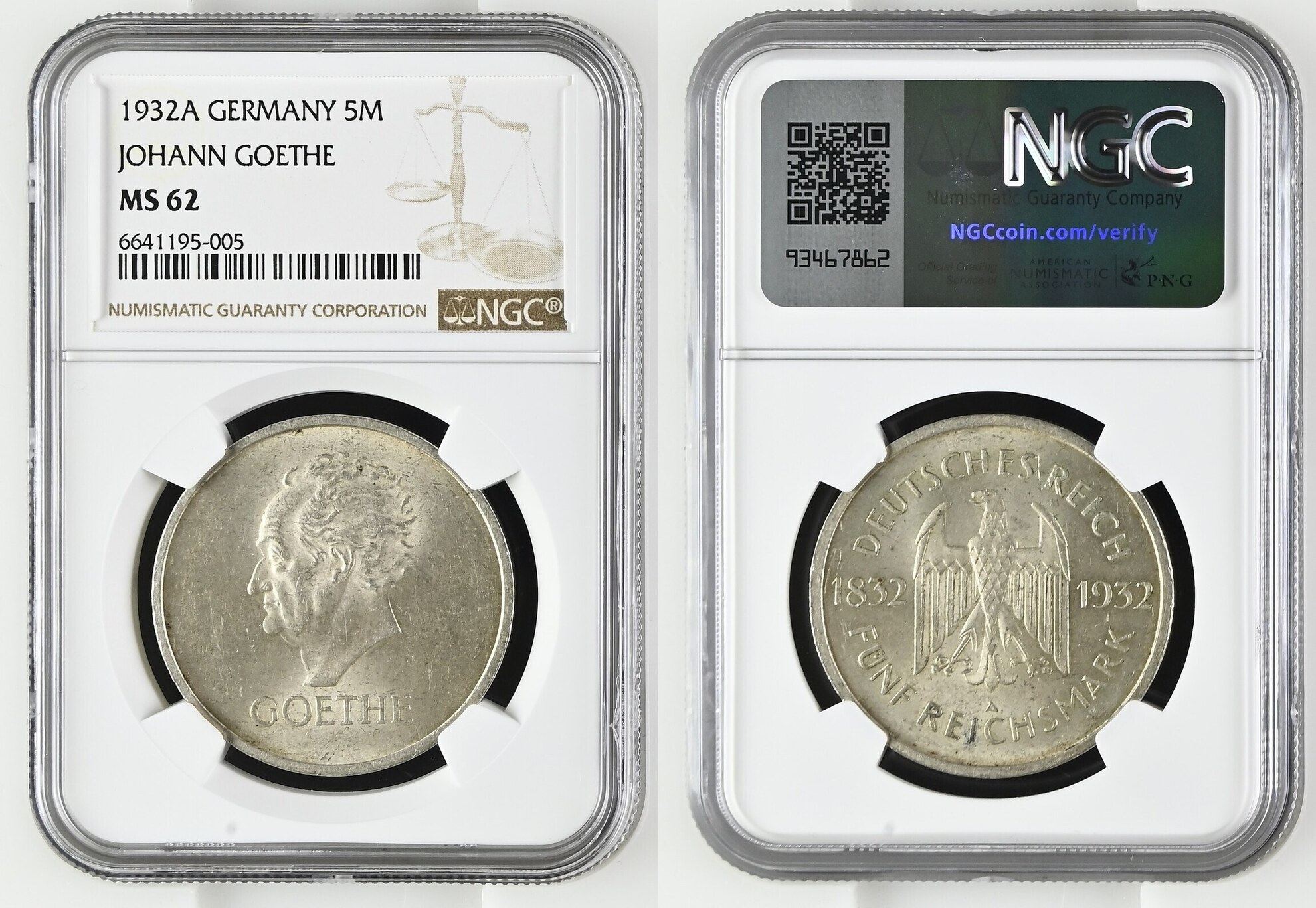 Weimarer Republik Germany 5 Mark 1932 A Johann Wolfgang von