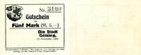 Notgeldschein Gutschein Fuenf Mark Stadt Geising -