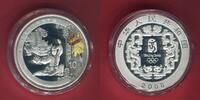 10 Yuan Silbermünze mit Farbapplikation 2008 China Olympische Spiele Peking Löwentänzer PP in Kapsel