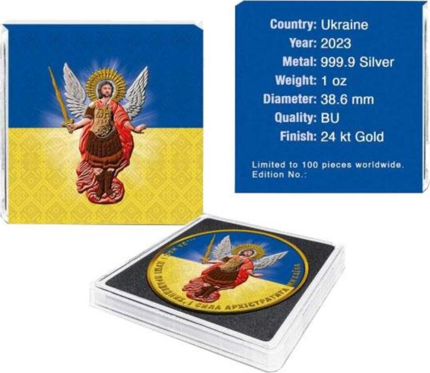 1 Hryvnia ARCHANGEL MICHAEL Flag of Ukraine Gilded Coloured 1 Oz Silver ...