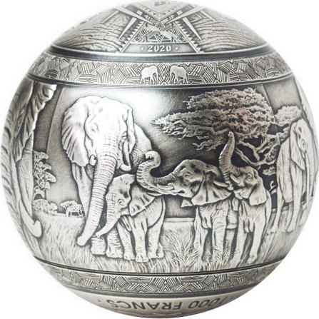 BIG FIVE ELEPHANT Spherical 1 Kg Kilo Silver Coin 1000 Francs