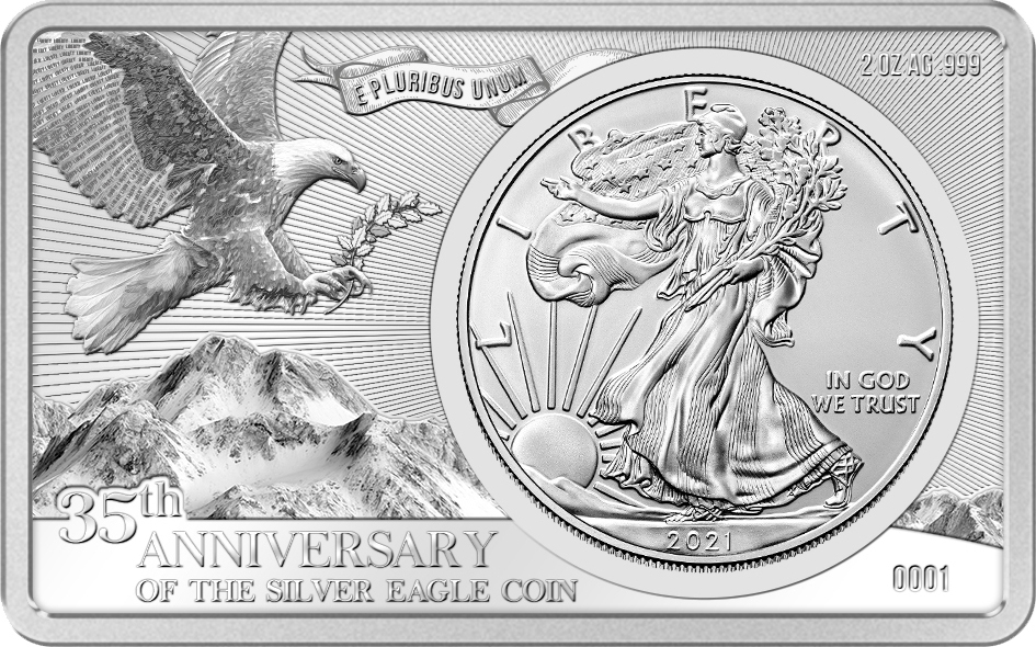 United States 1 Dollar SILVER EAGLE 35th Anniversary 2 Oz Bar incl