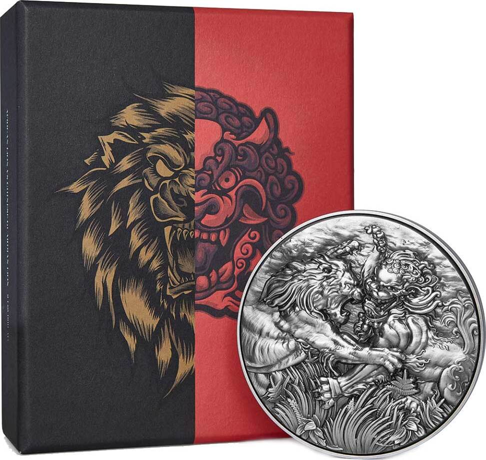 10 Dollars AFRICAN LION vs CHINESE GUARDIAN LION 2 Oz Silver Coin 