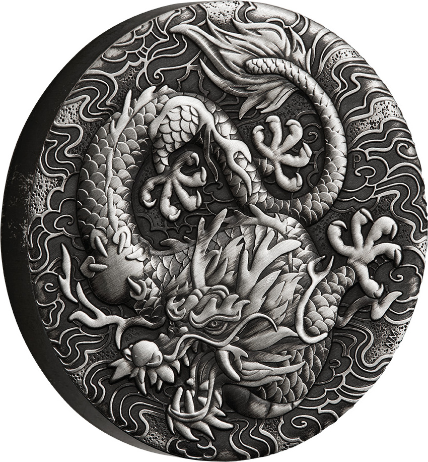 2 Dollars DRAGON Chinese Myths and Legends Antiqued 2 Oz Silver Coin 2 ...