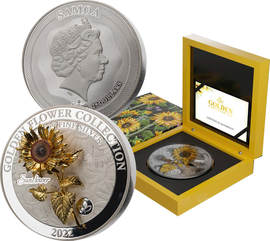 25 Dollars SUNFLOWER Golden Flower Collection 1 Kg Kilo Silver Coin 25 Samoa 2022 Proof