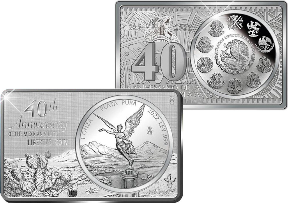 LIBERTAD 40th Anniversary 2 Oz Bar incl. 1 Oz Silver Coin Mexico 2022