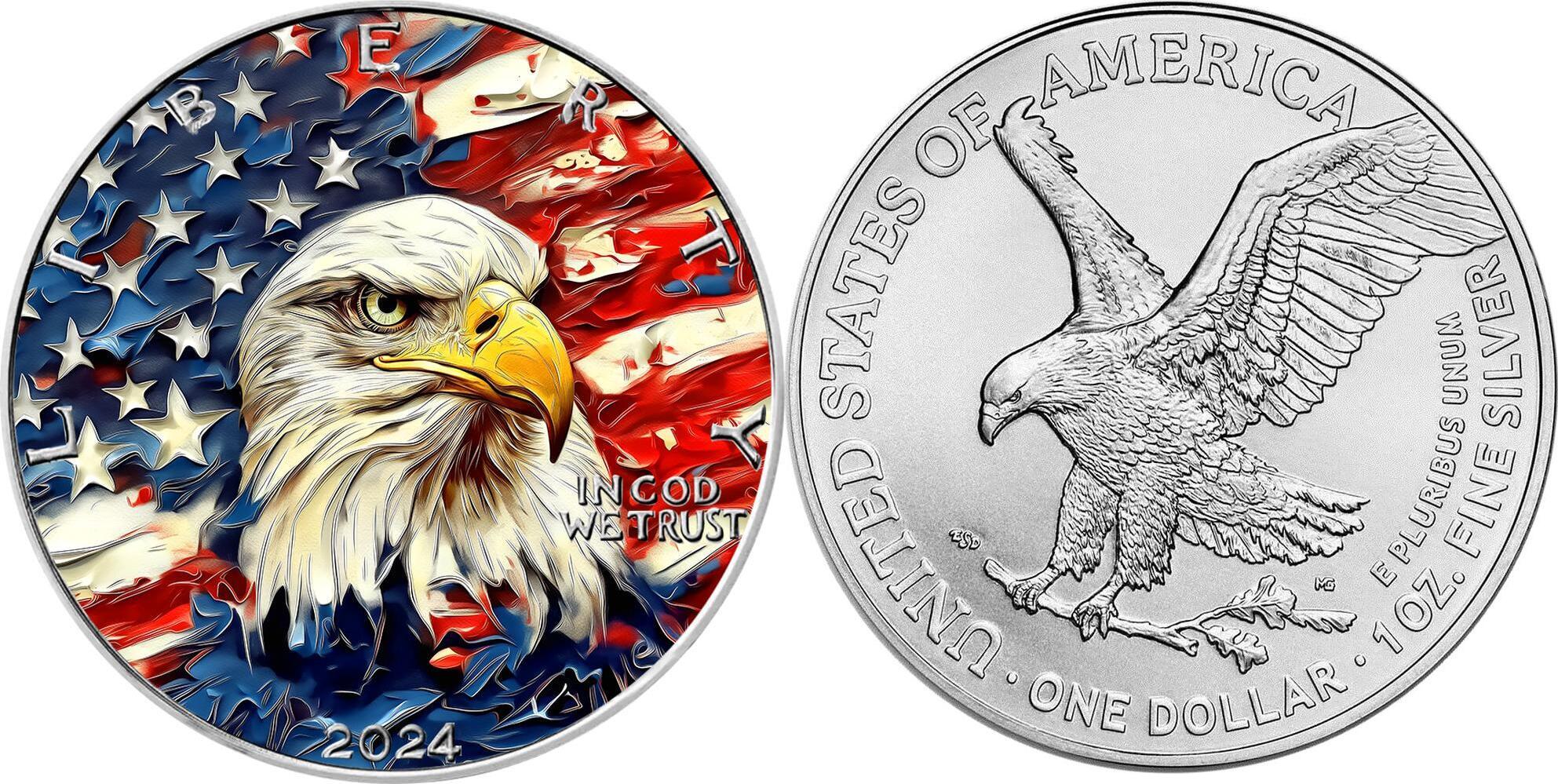 United States 1 Dollar BALD EAGLE AmericArt 1 Oz Silver Coin 1$ USA 2024 BU  - Brilliant Uncirculated | MA-Shops
