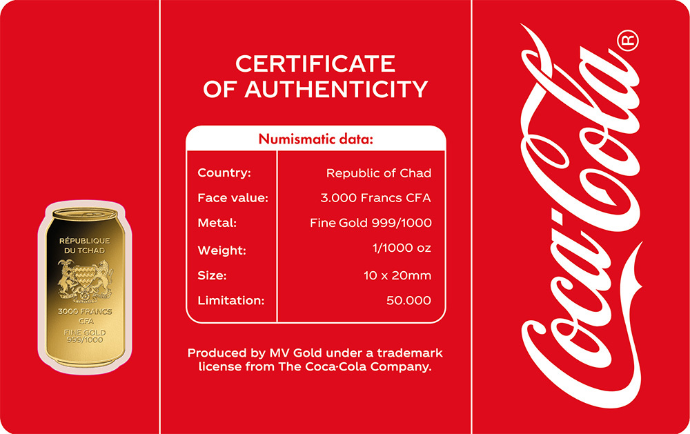 COCA COLA CAN 1/1000 Oz Gold Coin 3000 Francs Chad Prooflike | MA