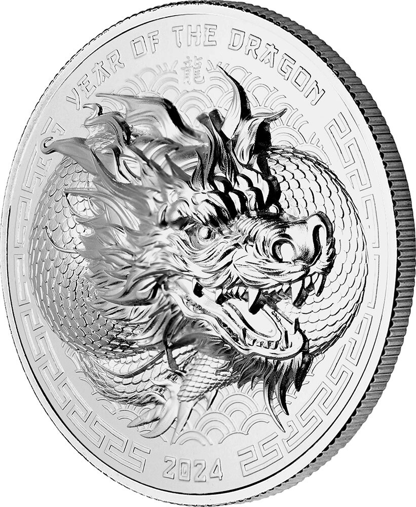 2 Dollars DRAGON Lunar Year 1 Oz Silver Coin 2 Fiji 2024 BU