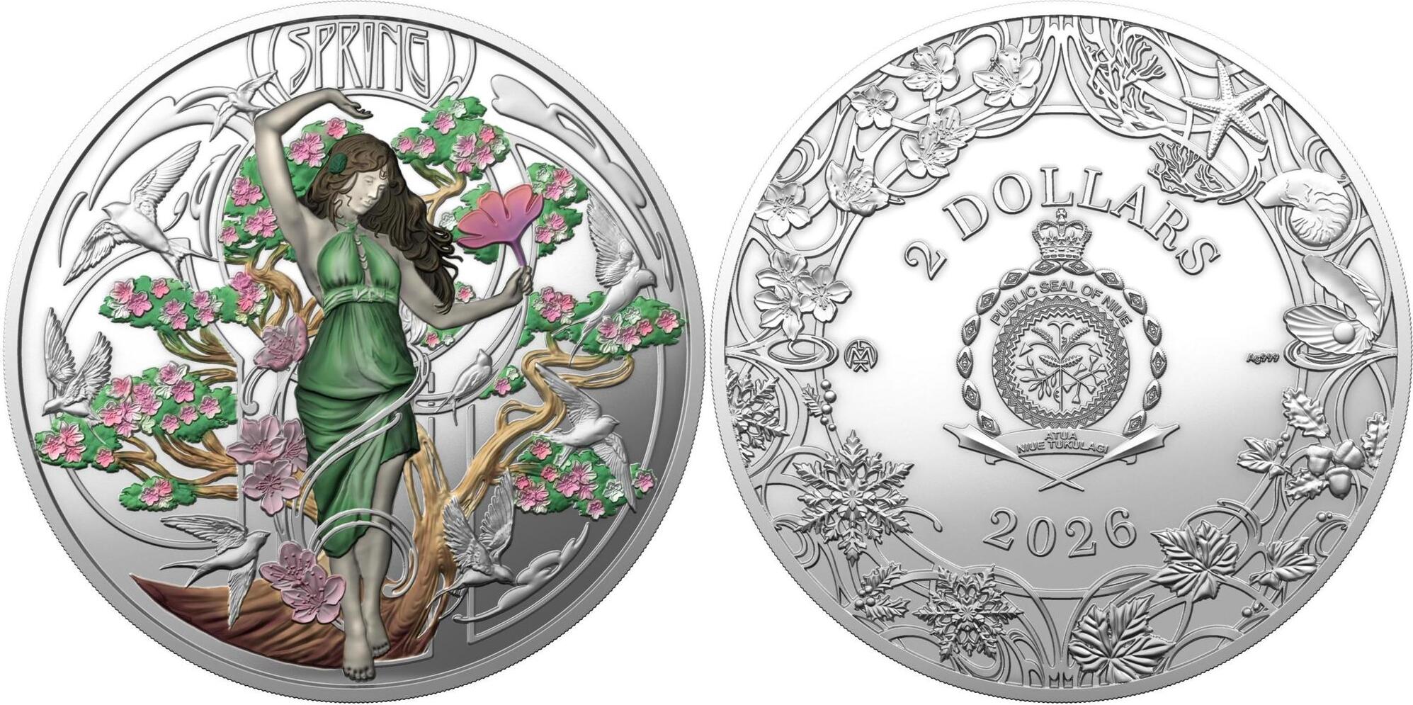 2 Dollars SPRING Four Seasons 1 Oz Silver Coin 2$ Niue 2026 Prooflike ...