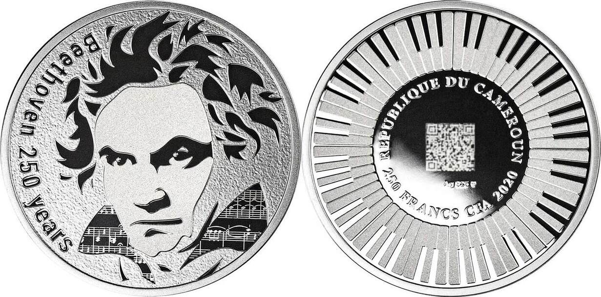 BEETHOVEN 250th Ann Silver Proof Coin 250 Francs Cameroon 202