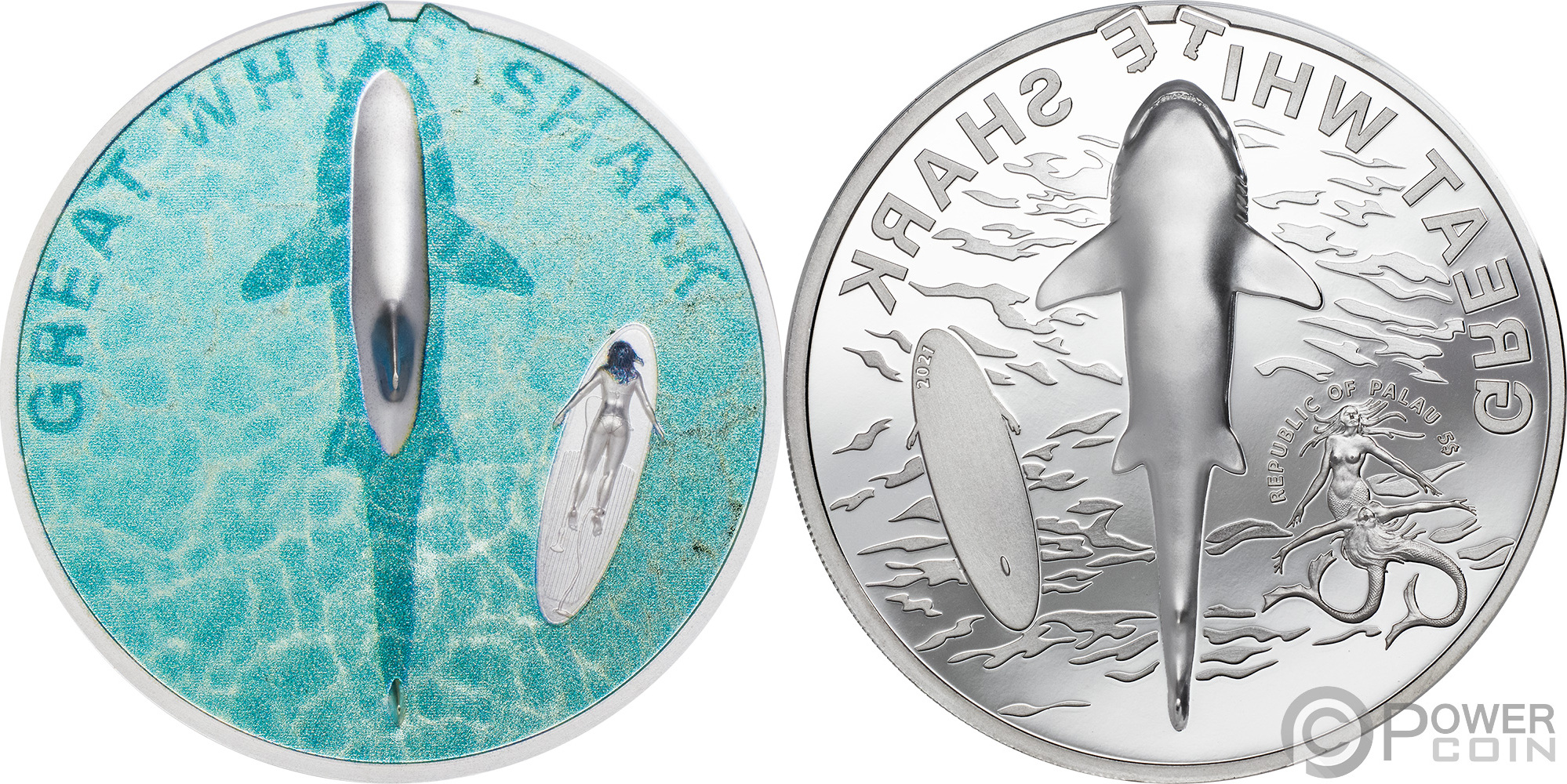 GREAT WHITE SHARK 1 Oz Silver Coin 5$ Palau 2021