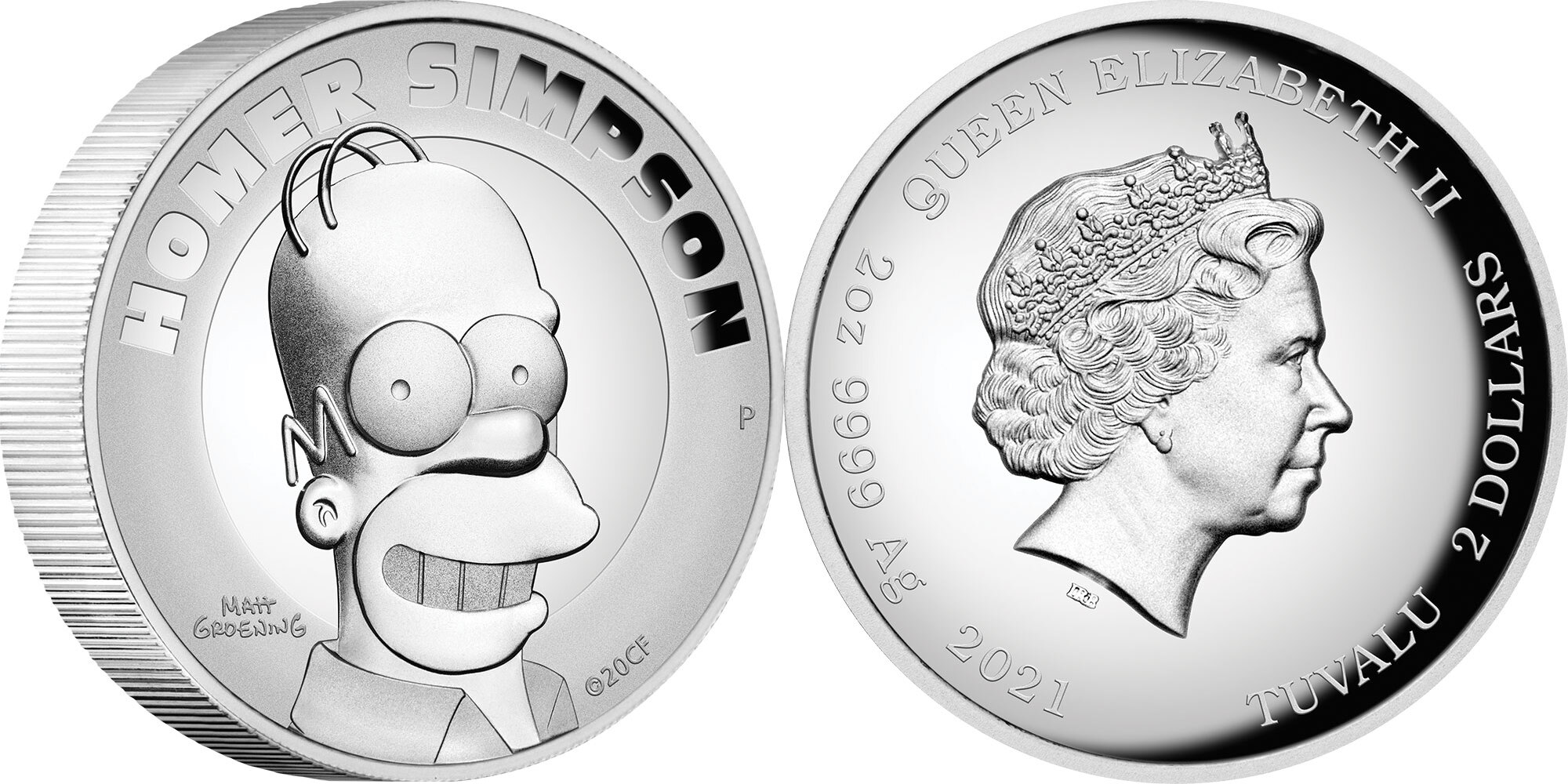 2 Dollars HOMER SIMPSONS 2 Oz Silver Coin 2$ Tuvalu 2021 Proof | MA-Shops