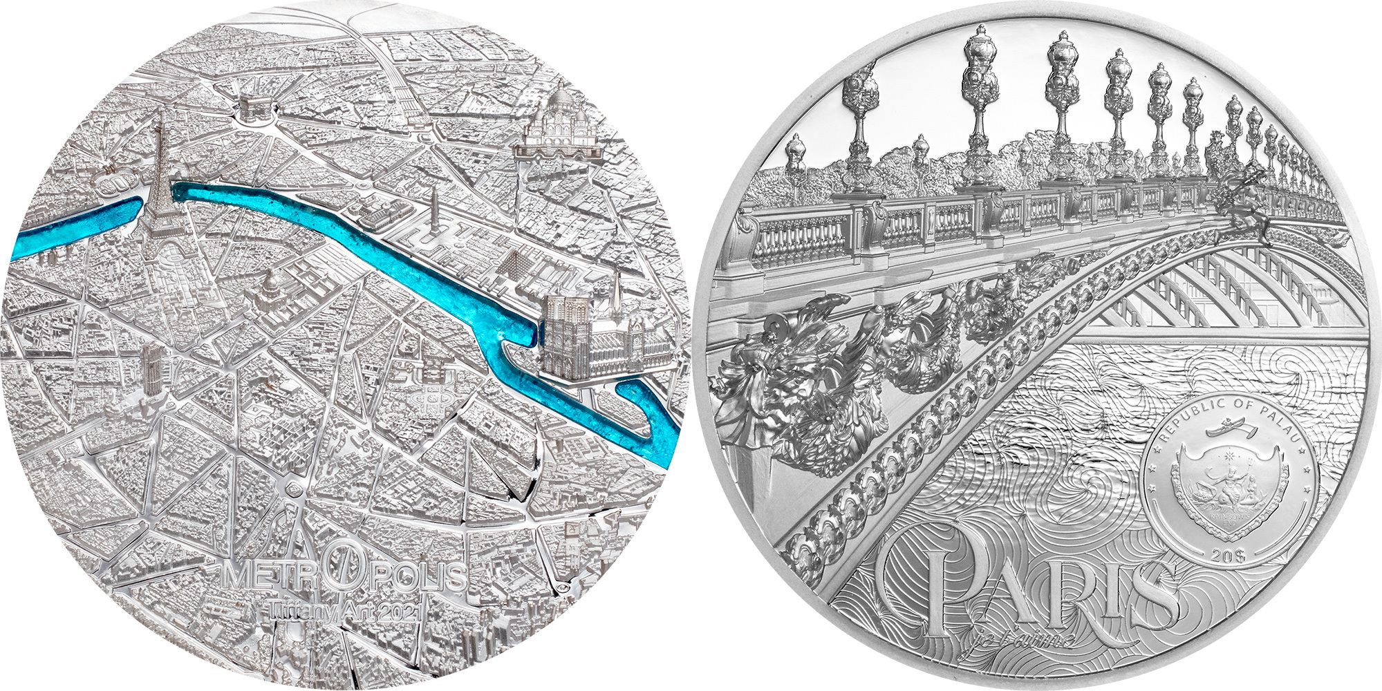 20 Dollars TIFFANY ART METROPOLIS Paris 3 Oz Silver Coin 20$ Palau