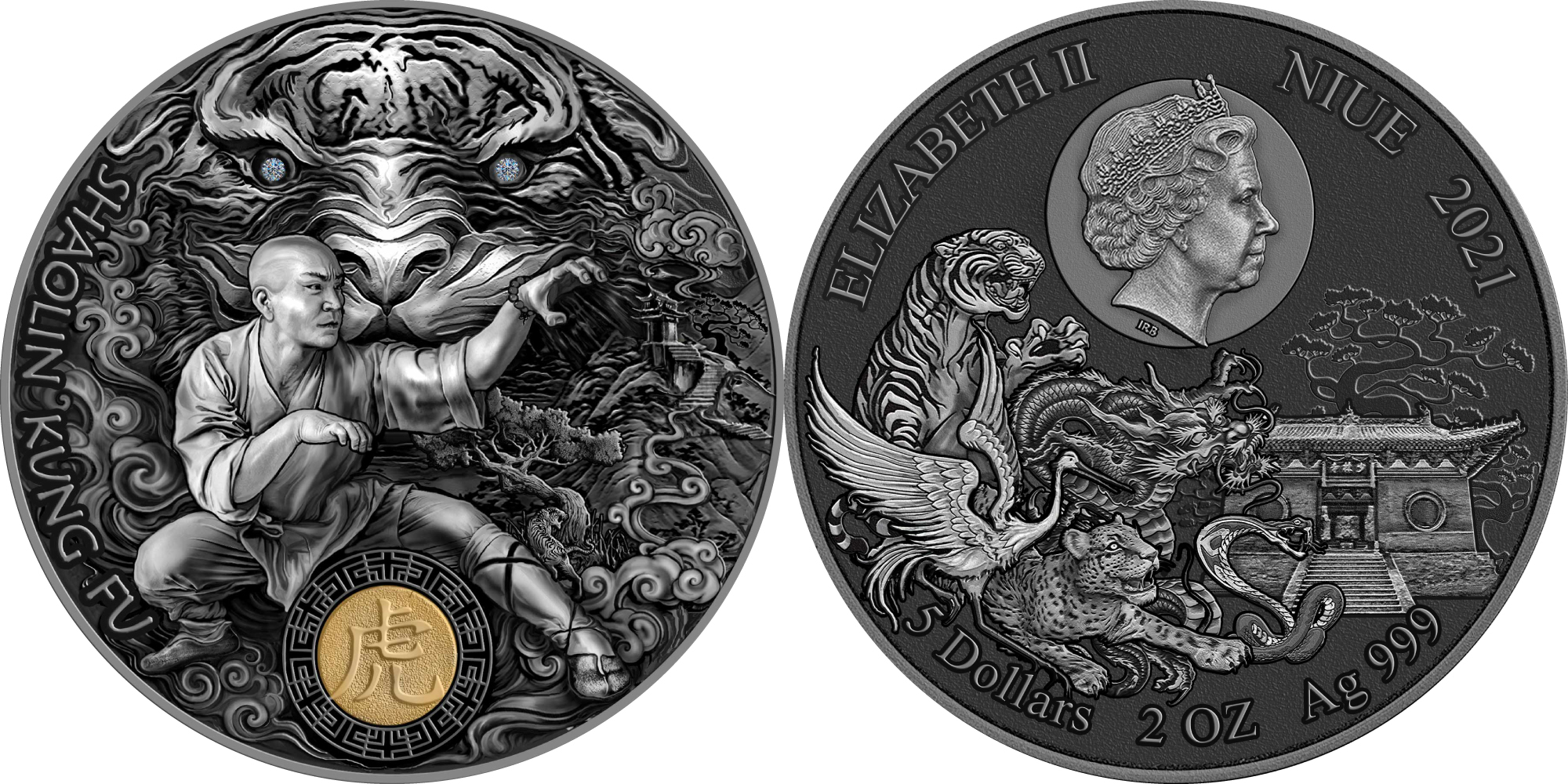 5 Dollars SHAOLIN TIGER Martial Art Styles 2 Oz Silver Coin 5$ Niue ...