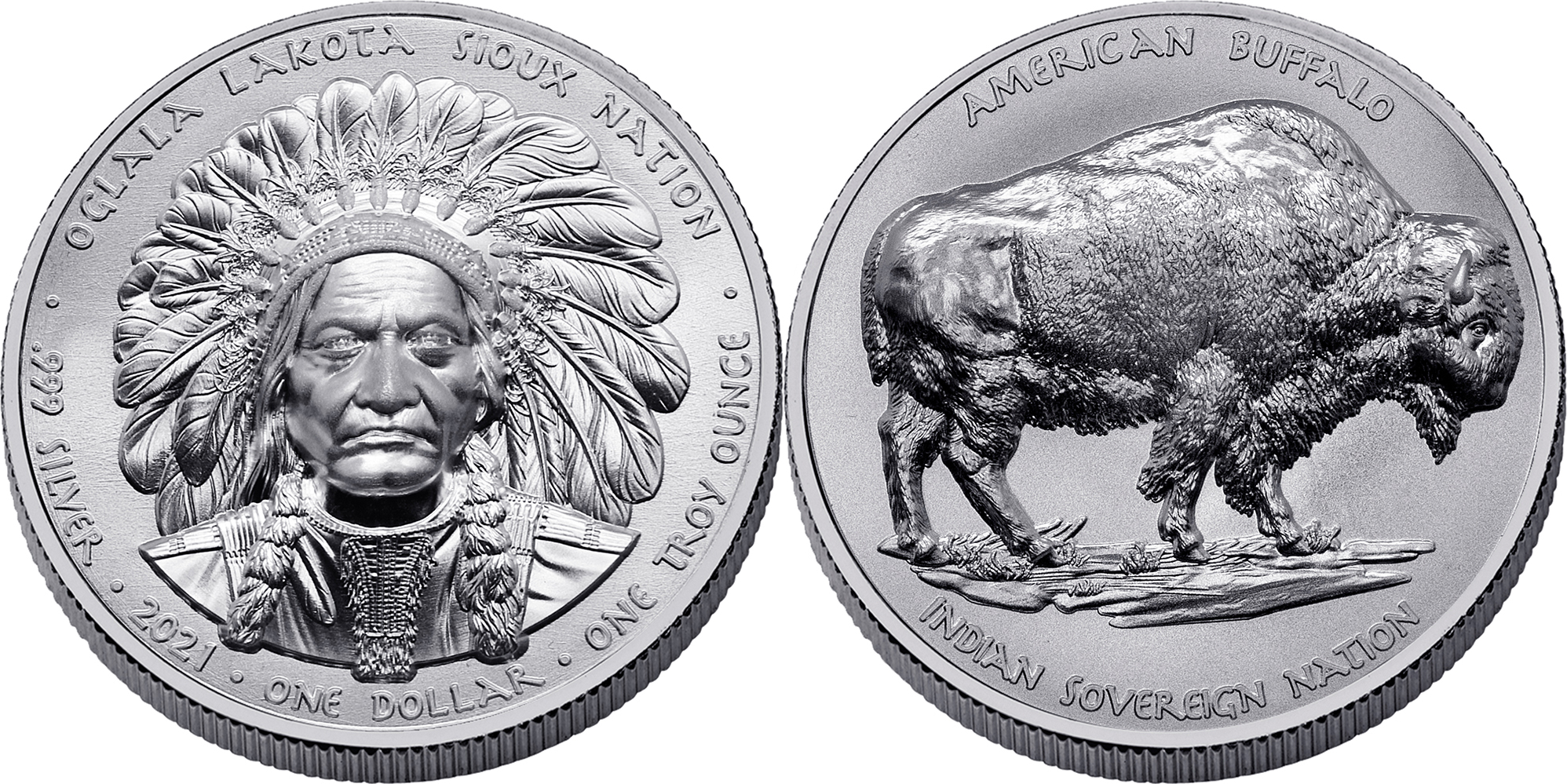 1 oz .999 silver Native American Hunter Sitting Bull Crazy Horse pow wow buffalo 