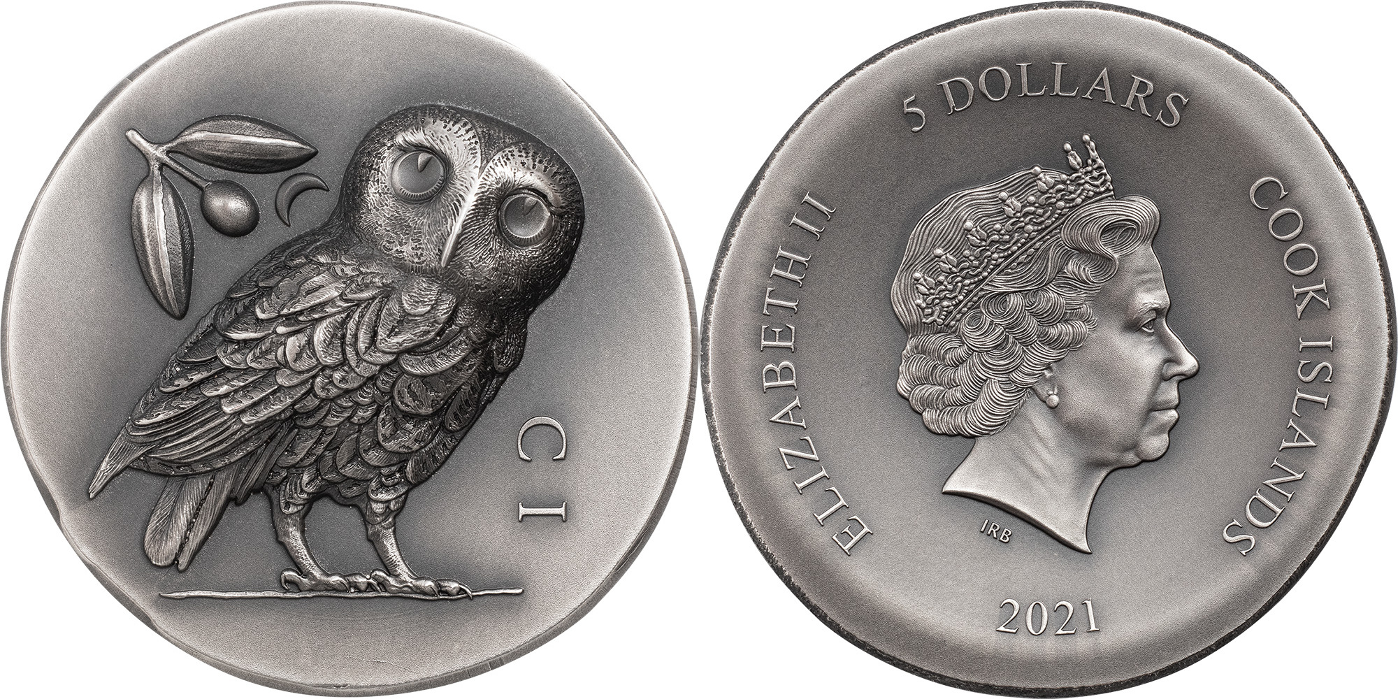 5 Dollars OWL OF ATHENA 1 Oz Silver Coin 5$ Cook Islands 2021 Antique Finish