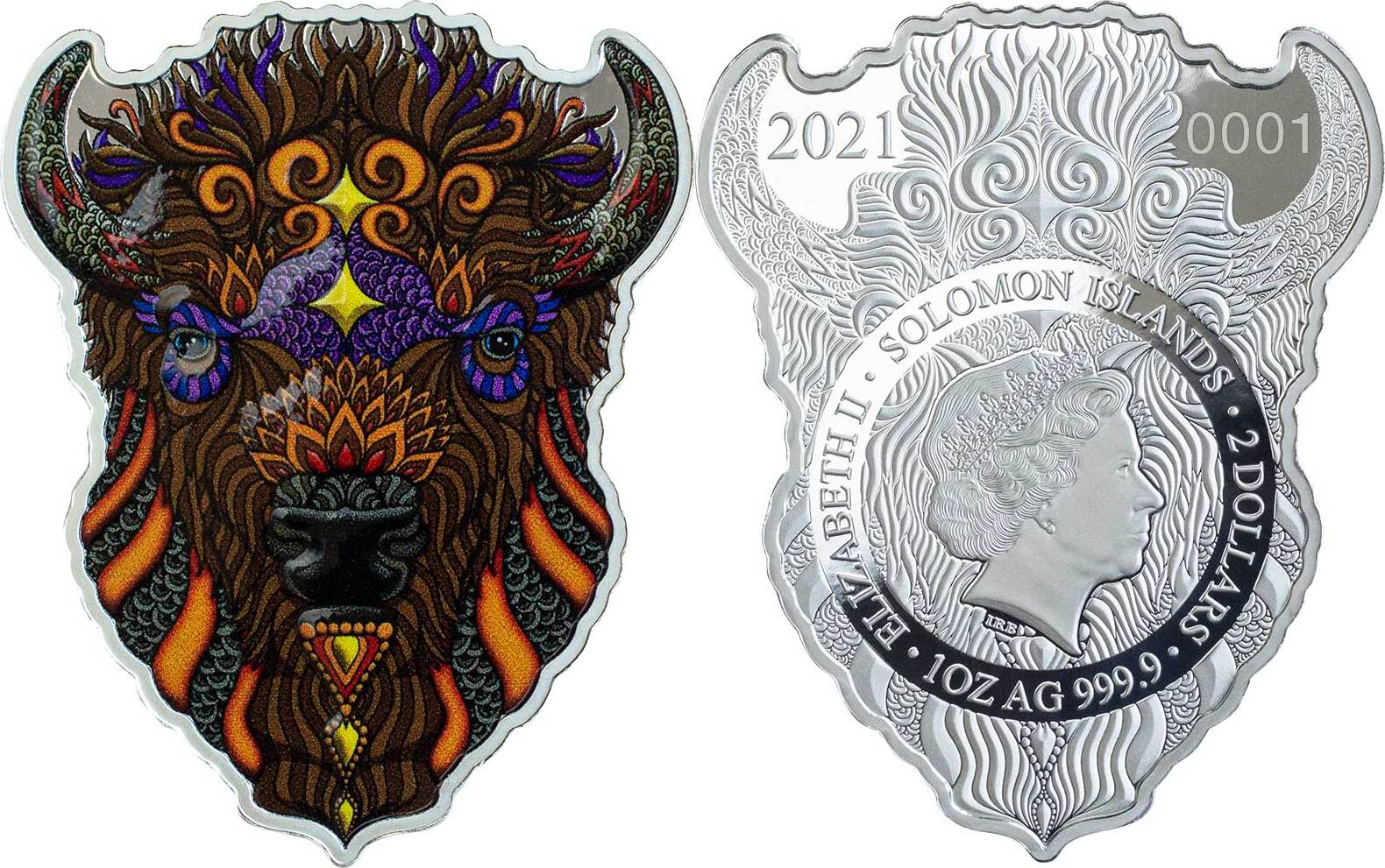 2 Dollars BISON Spirit Animals Phil Lewis 1 Oz Silver Coin 2$ Solomon  Islands 2021 Proof | MA-Shops