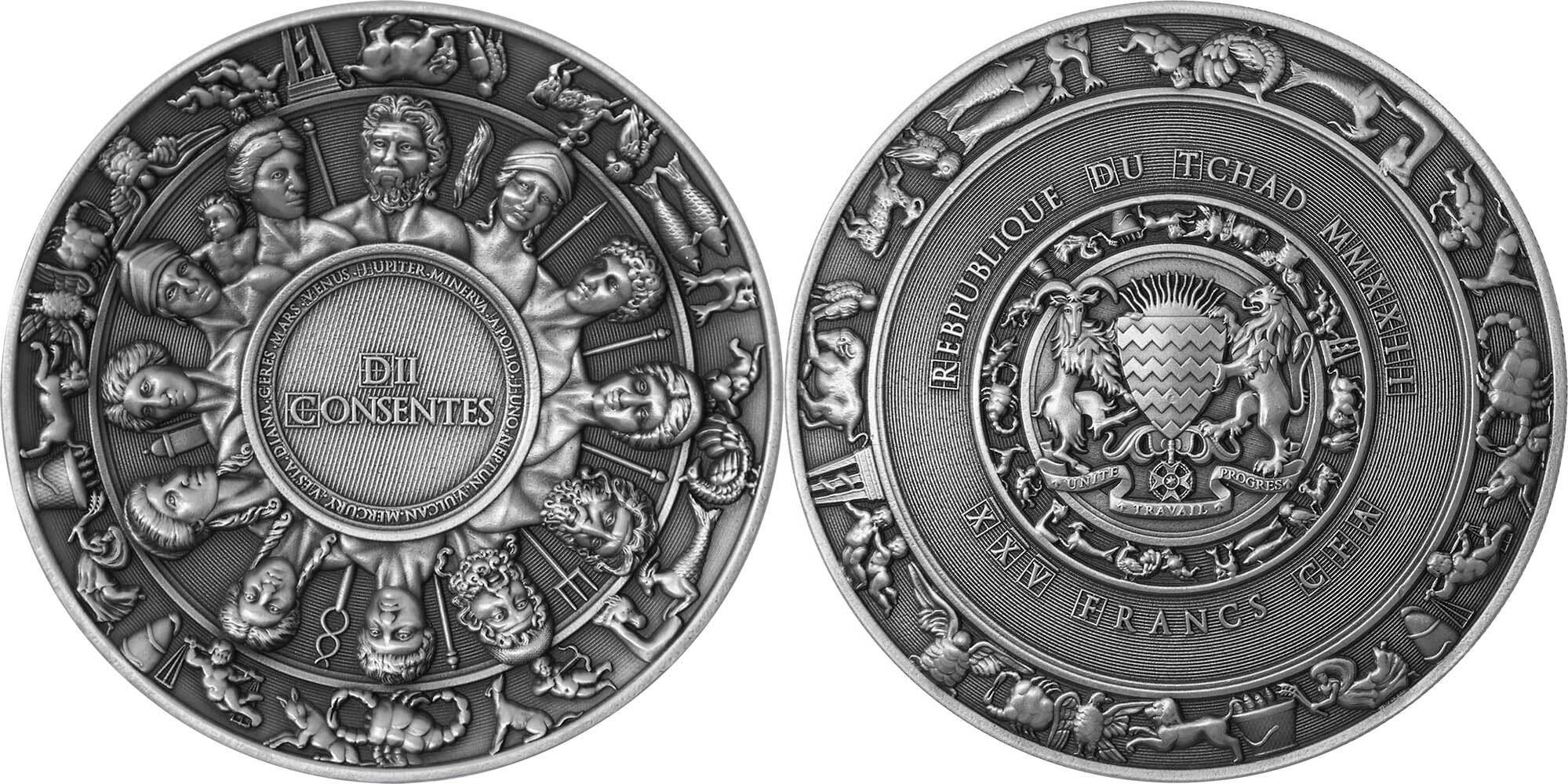 DII CONSENTES 5 Oz Silver Coin 25000 Francs Chad 2022 Antique Finish 