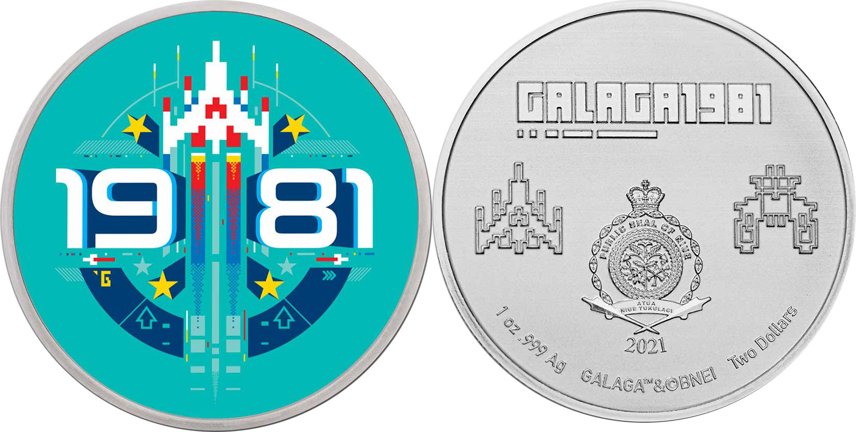 2 Dollars GALAGA 40th Anniversary Colored 1 Oz Silver Coin 2