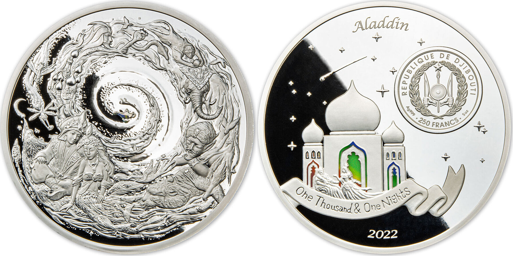 ALADDIN 1001 NIGHTS 5 Oz Silver Coin 250 Francs Djibouti 2022 Proof |  MA-Shops
