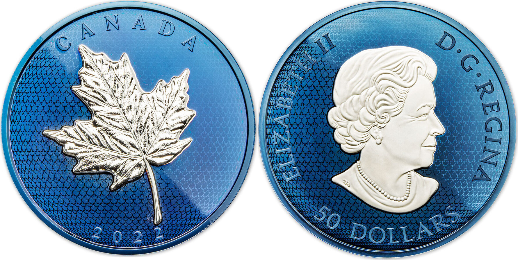 50 Dollars MAPLE LEAF Blue Rhodium 5 Oz Silver Coin 50$ Canada