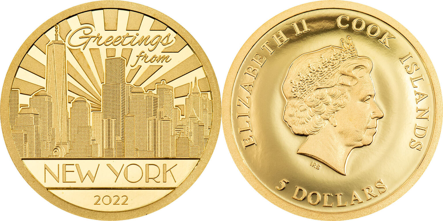 5 Dollars NEW YORK Big City Lights Gold Coin 5$ Cook Islands 2022 Proof ...