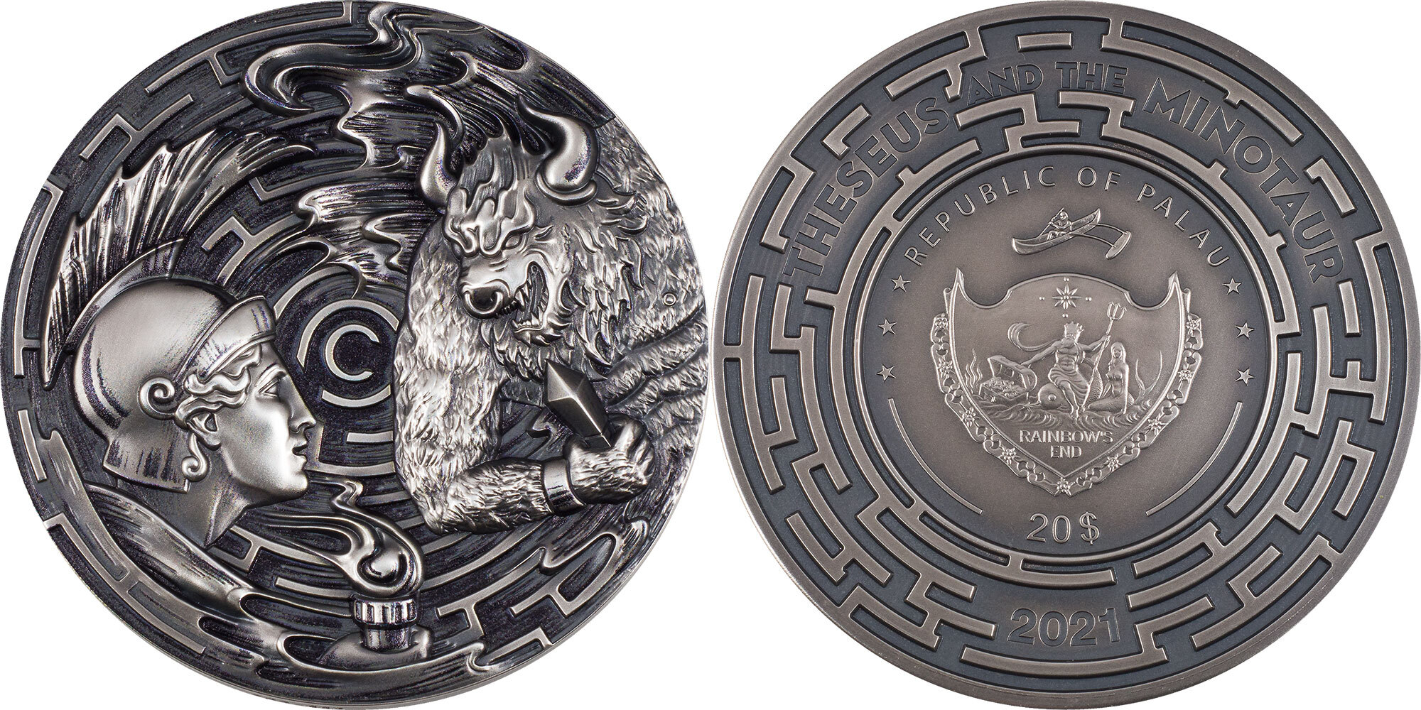 20 Dollars THESEUS AND THE MINOTAUR Evil Within 3 Oz Silver Coin 20$ Palau  2021 Antique Finish | MA-Shops