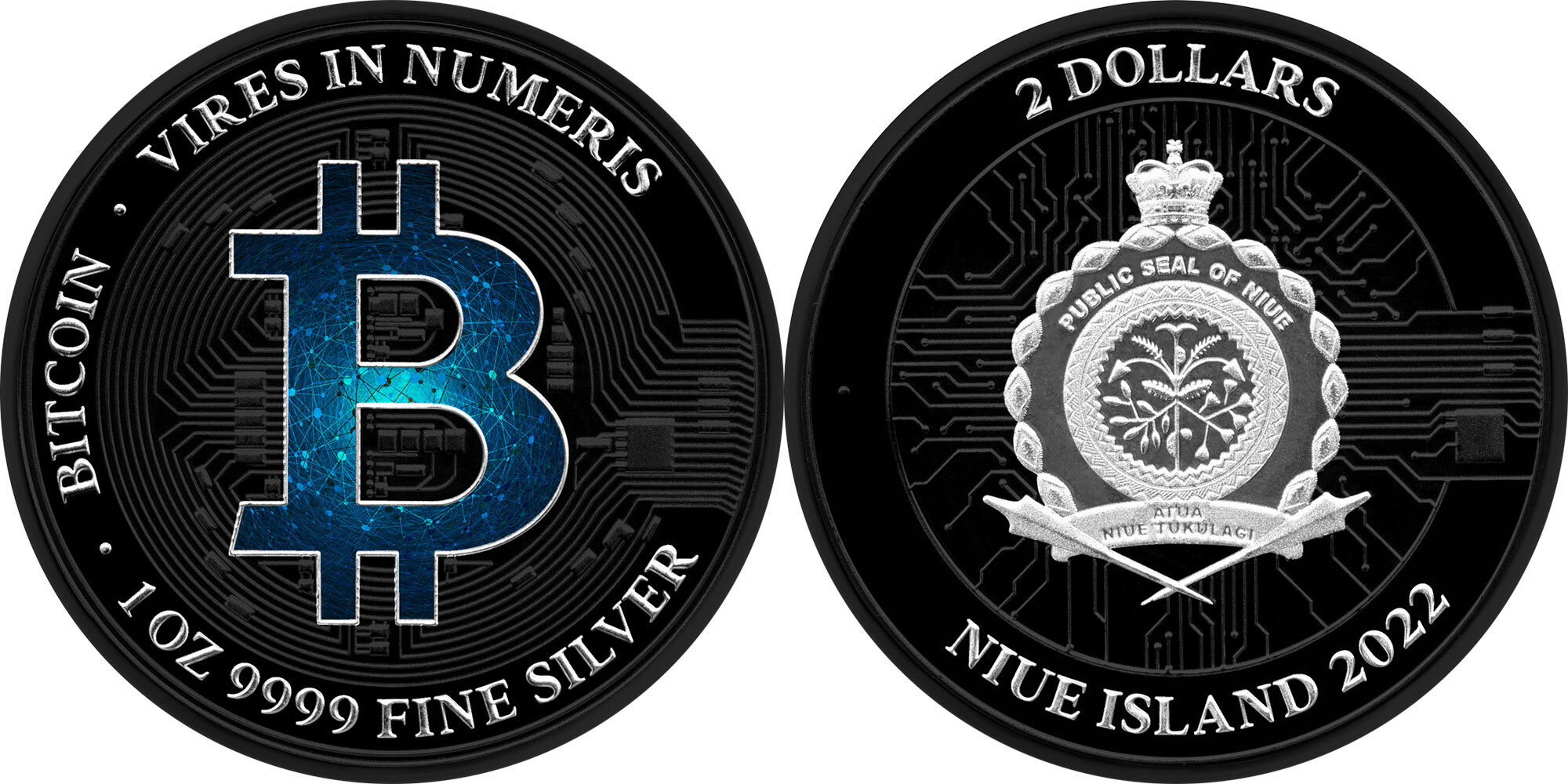 2 Dollars BLUE BLOCKCHAIN BITCOIN PowerChrome Black Platinum 1 Oz Silver  Coin 2$ Niue 2022 BU-Brilliant Uncirculated | MA-Shops