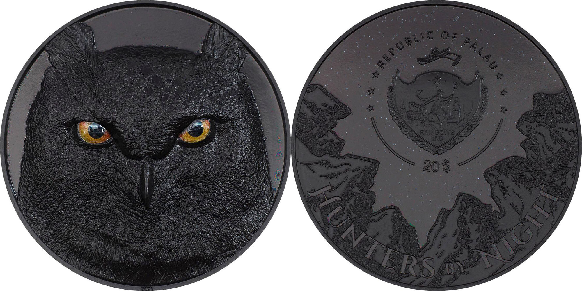 20 Dollars EAGLE OWL Hunters by Night 5 Oz Silver Coin 20$ Palau 2021  Obsidian Black Proof | MA-Shops