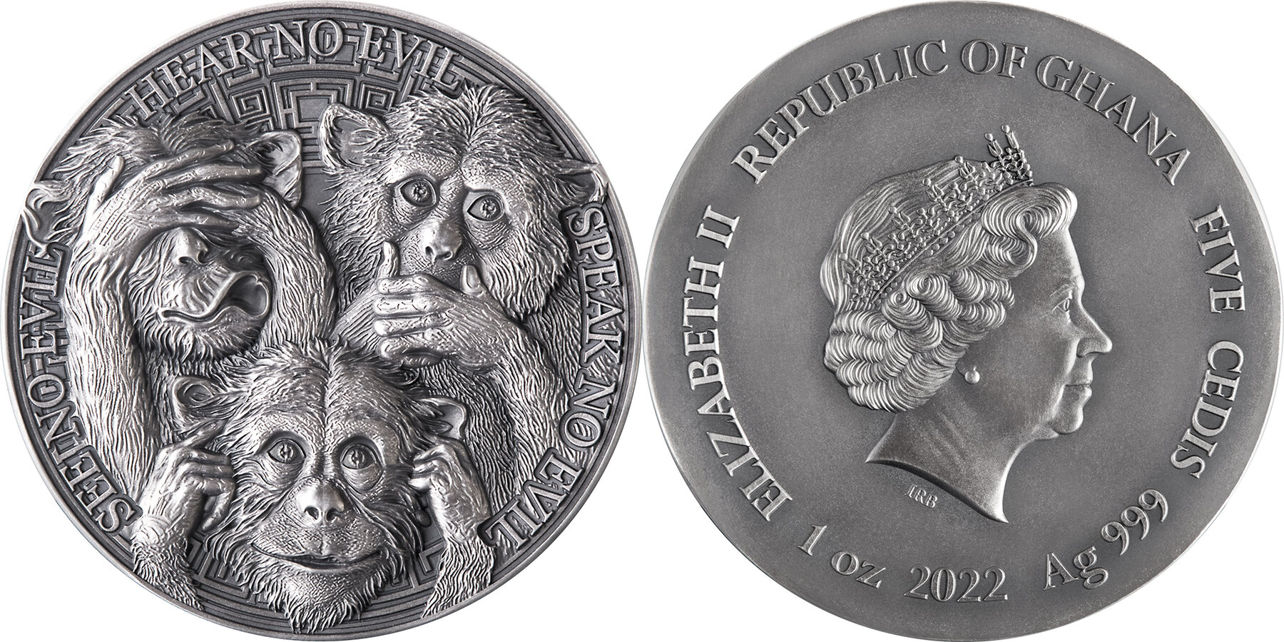 THREE WISE MONKEYS 1 Oz Silver Coin 5 Cedis Ghana 2022 Antique Finish ...