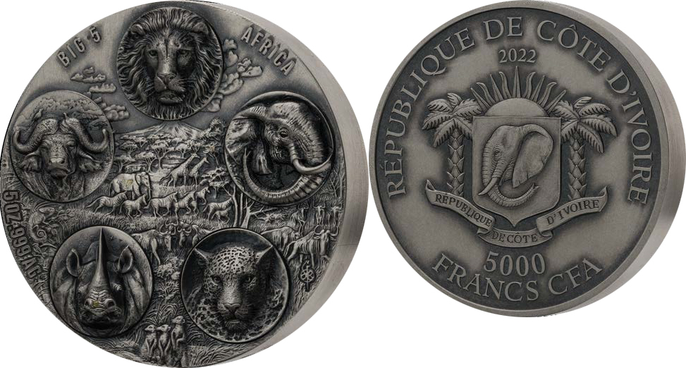 COMPLETER Big Five Mauquoy 5 Oz Silver Coin 5000 Francs Ivory Coast ...