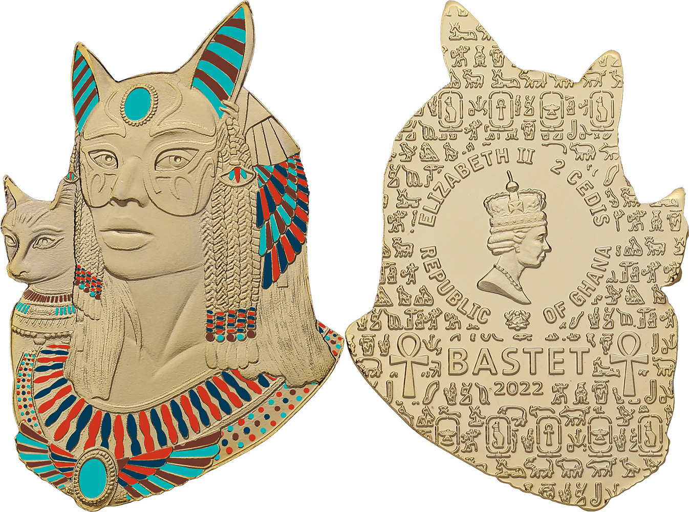 BASTET Legacy Of Egypt Shaped Base Metal Coin 2 Cedis Ghana 2022 bastet-legacy-of-egypt-shaped-base-metal-coin-2-cedis-ghana-2022