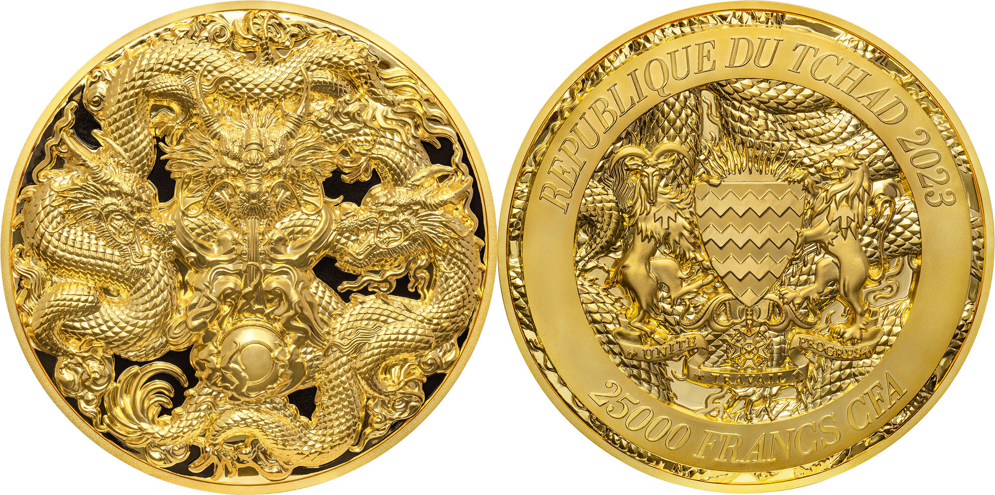 TRIPLE DRAGONS Gilded 5 Oz Silver Coin 25000 Francs Chad 2023 Proof ...