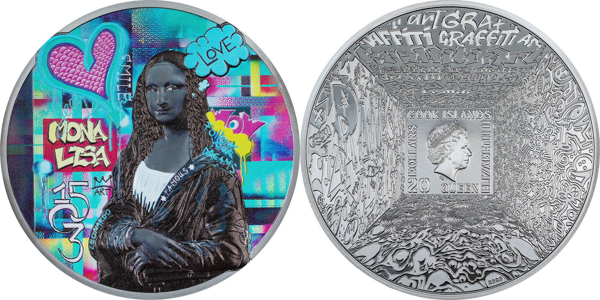 20 Dollars MONA LISA Graffiti Art 3 Oz Silver Coin 20 Cook Islands