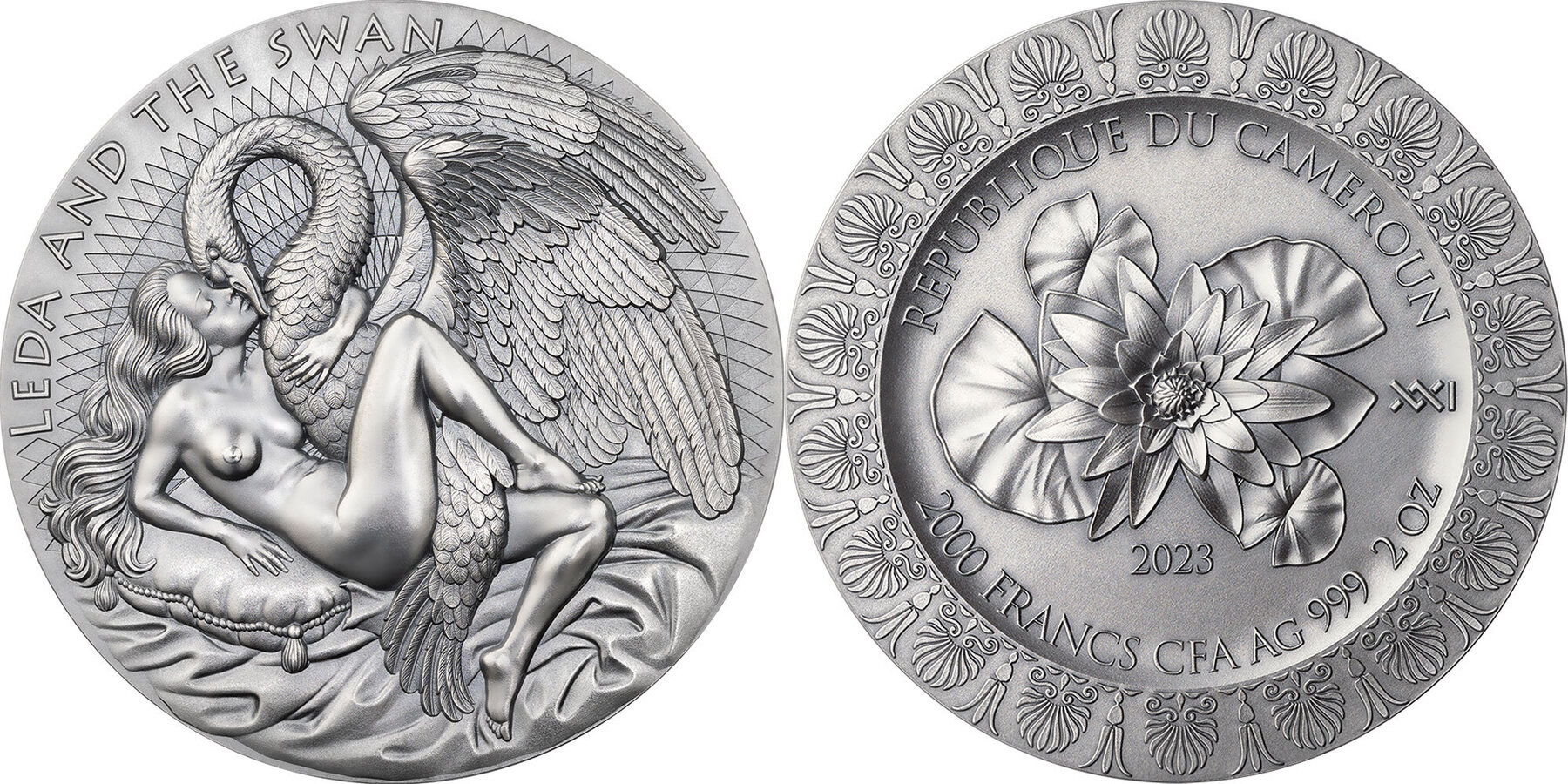 LEDA AND THE SWAN Celestial Beauty 2 Oz Silver Coin 2000 Francs