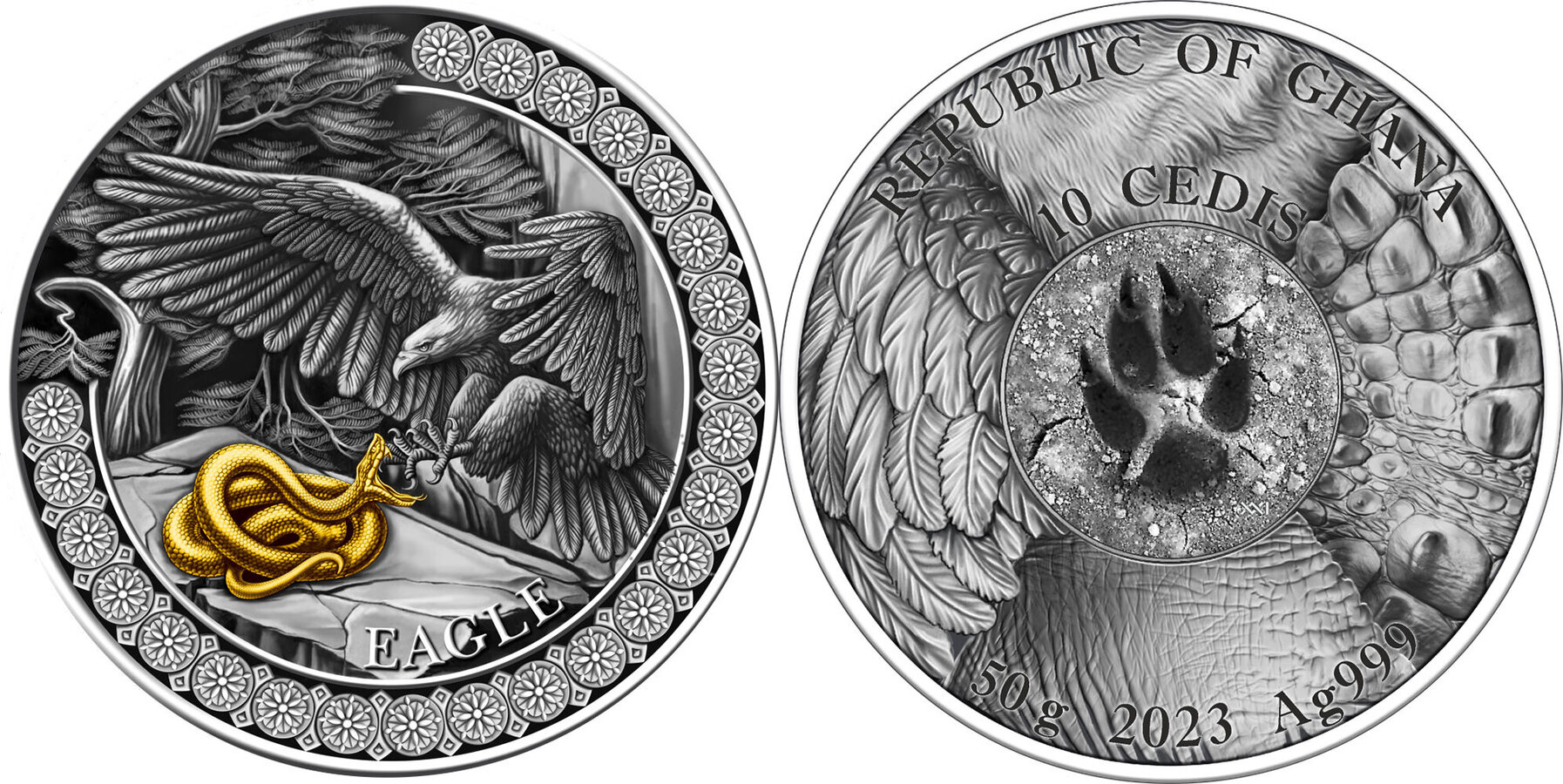 EAGLE Hunting in the Wild Silver Coin 10 Cedis Ghana 2023 Antique