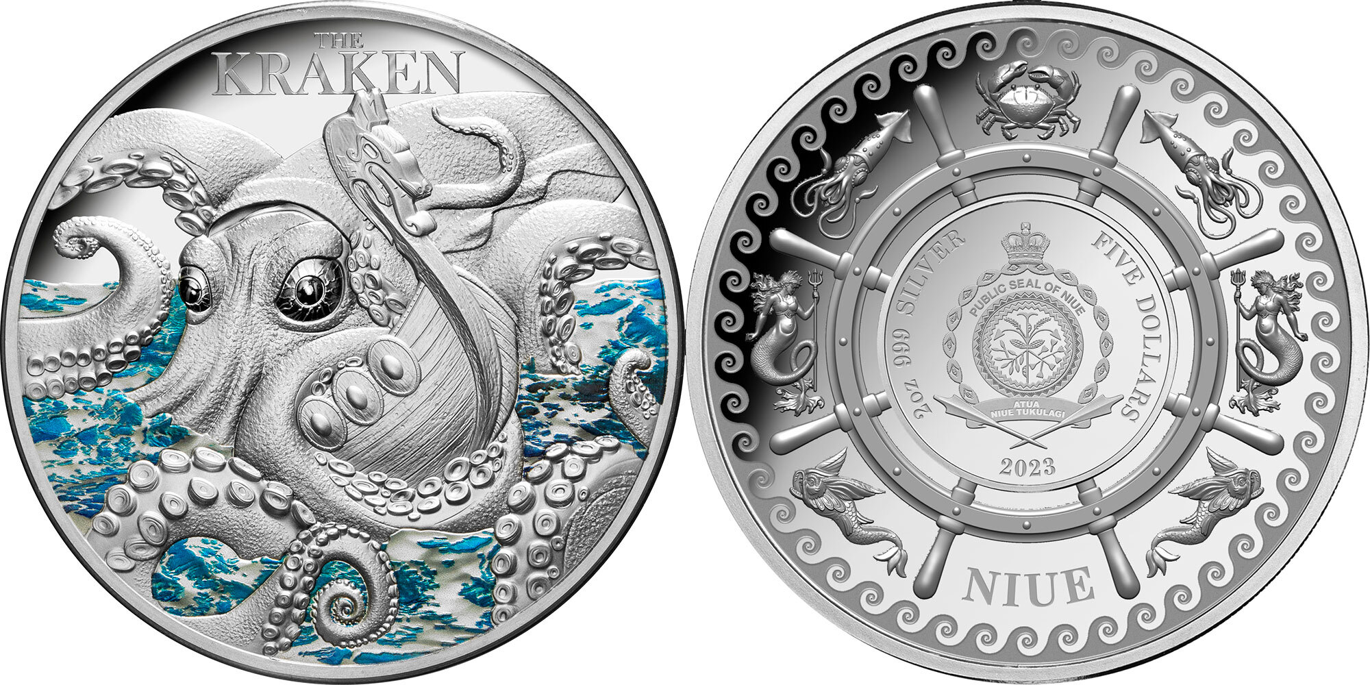 5 Dollars KRAKEN Mythical Creatures 2 Oz Silver Coin 5 Niue 2023